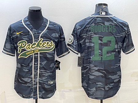 Men's Green Bay Packers #12 Aaron Rodgers Gray Green Camo With Patch Cool Base Stitched Baseball Jersey
